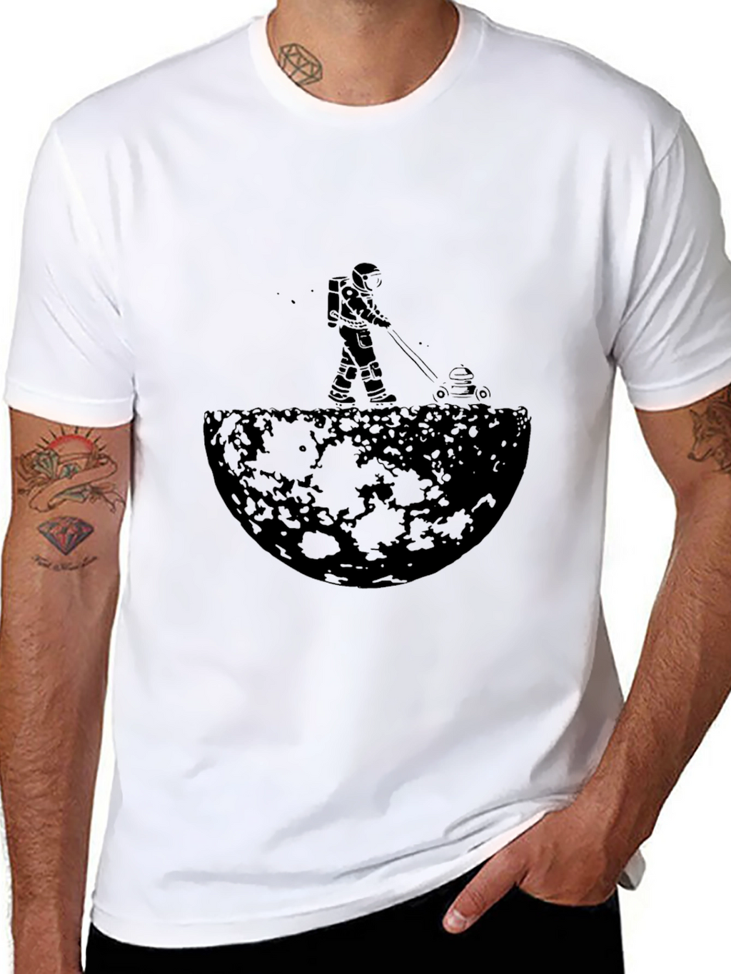 Astronaut Mowing Moon Lawn Black Graphic Tee