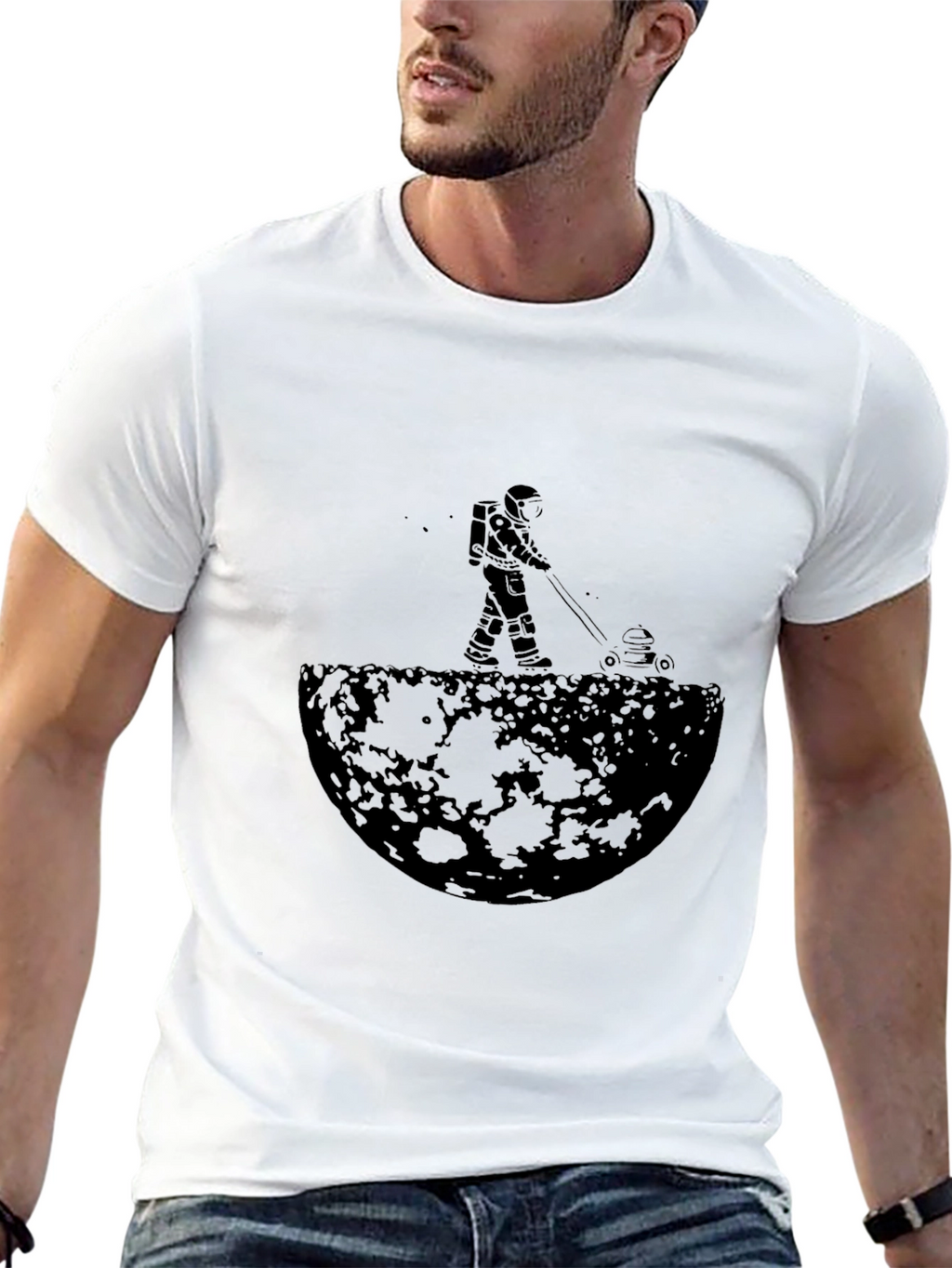 Astronaut Mowing Moon Lawn Black Graphic Tee