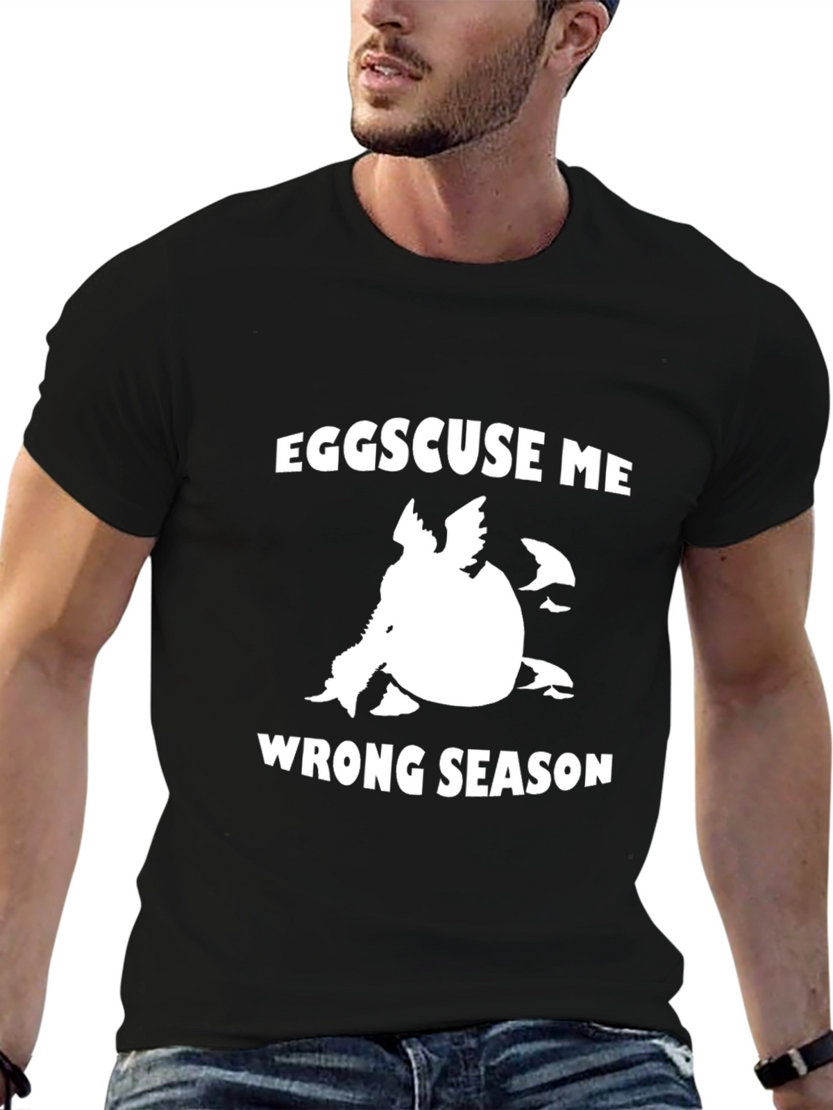 Eggscuse Me Wrong Season Black Graphic Tee