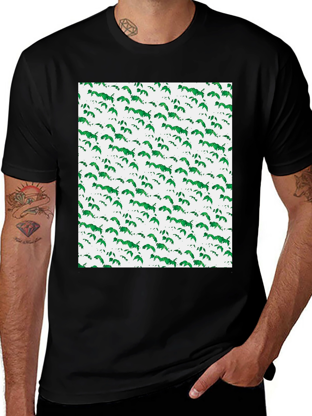 Green Leaf Pattern Black T-Shirt