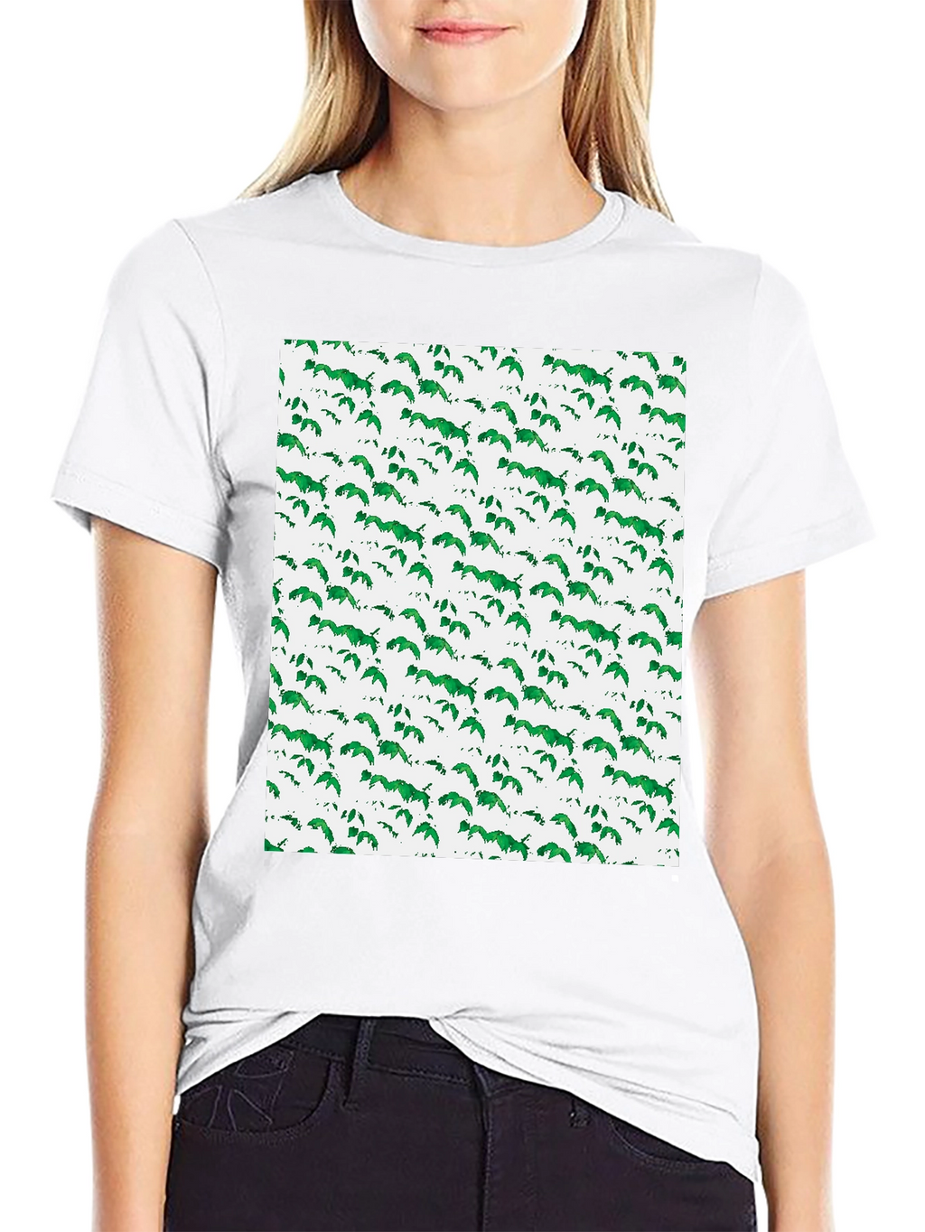 Green Leaf Pattern Black T-Shirt