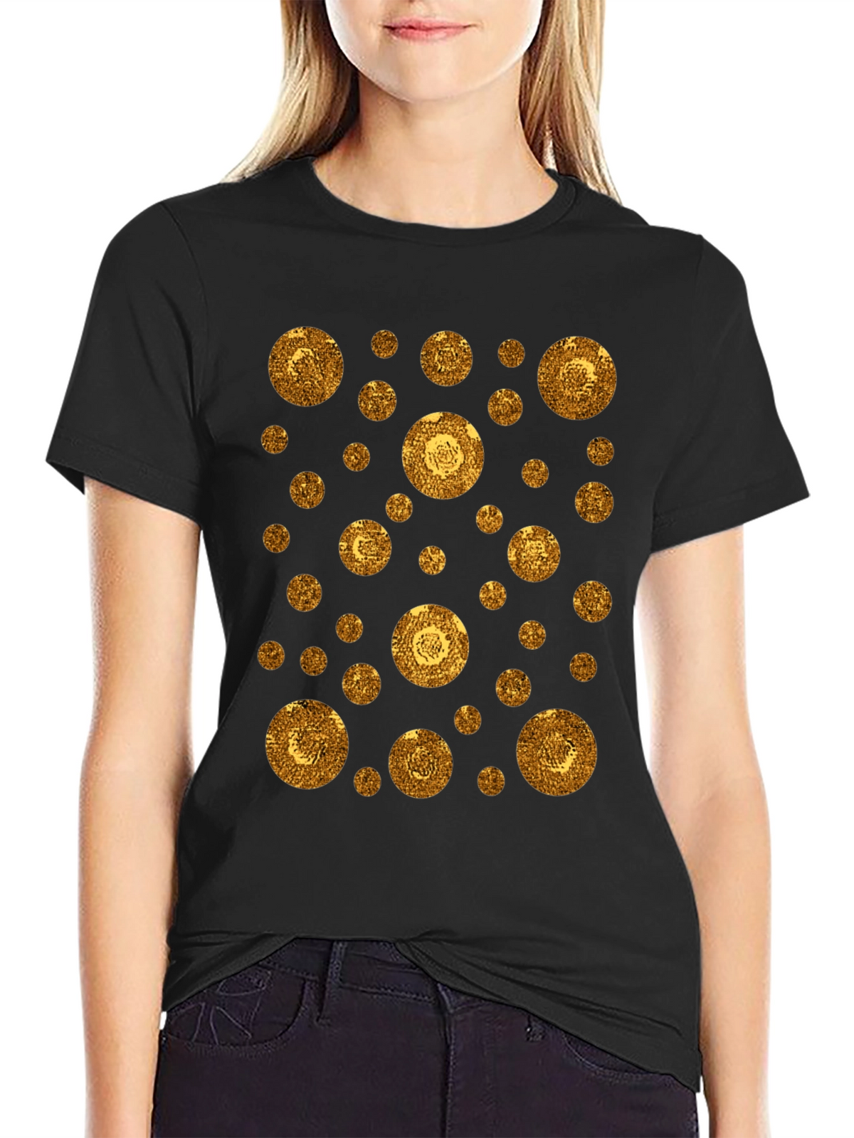 Gold Circle Pattern Black T-Shirt