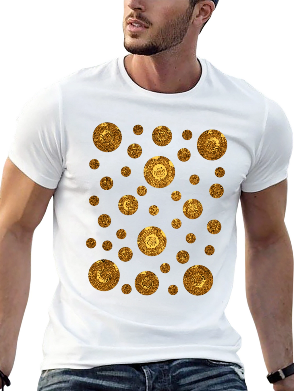 Gold Circle Pattern Black T-Shirt