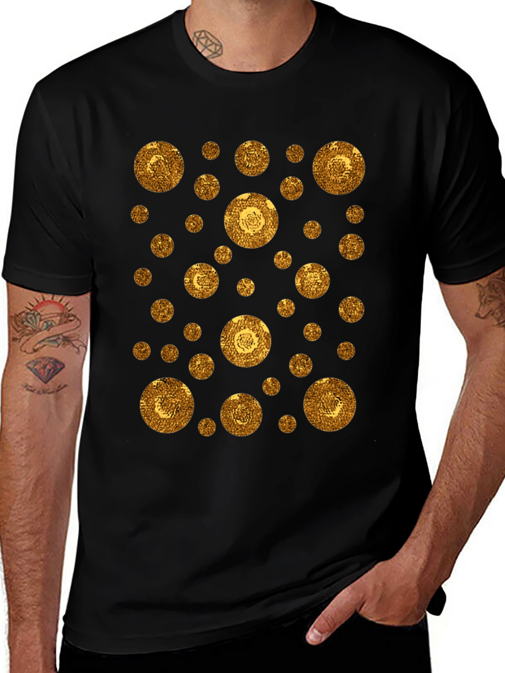 Gold Circle Pattern Black T-Shirt
