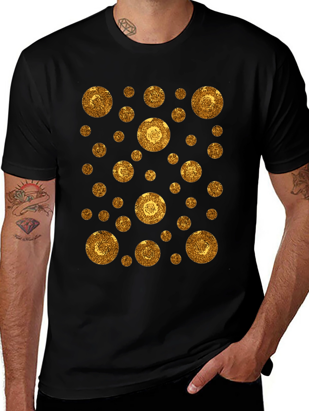 Gold Circle Pattern Black T-Shirt