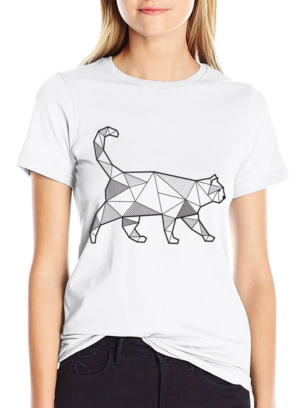 Geometric Cat Print Black T-Shirt