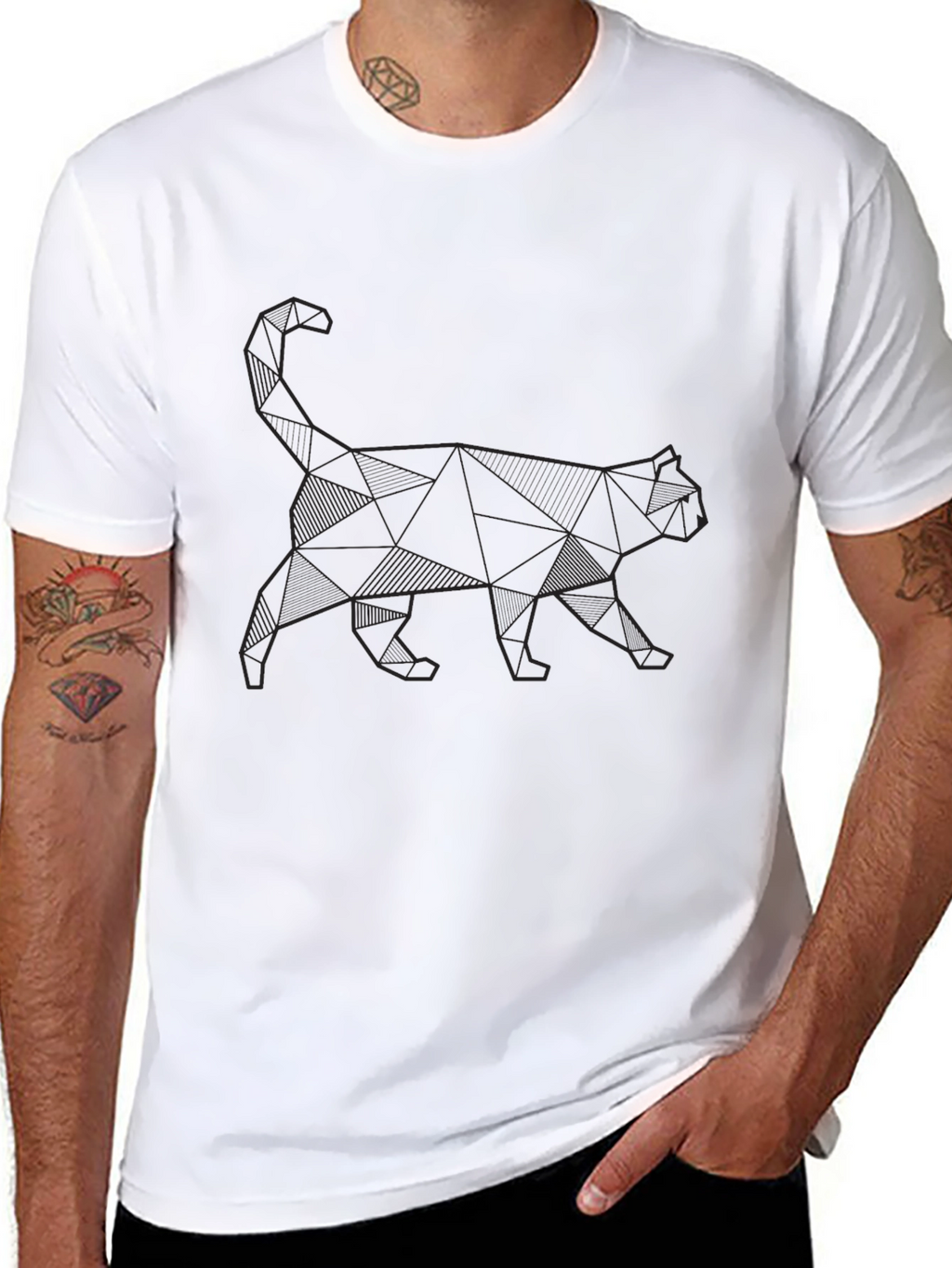 Geometric Cat Print Black T-Shirt