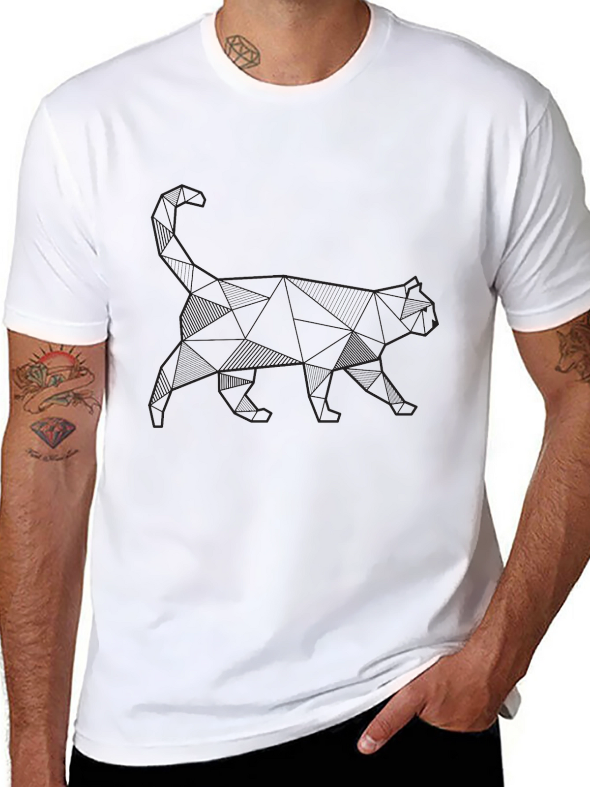 Geometric Cat Print Black T-Shirt