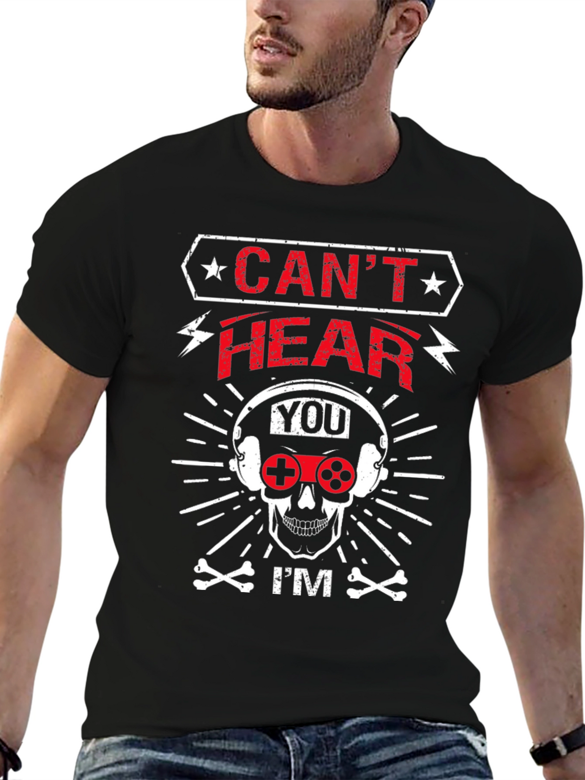 Cant Hear You Gamer Skull Graphic T-Shirt