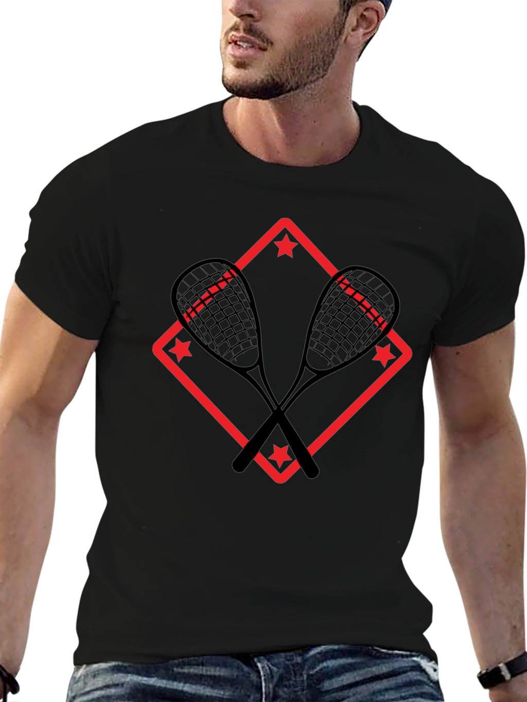 Squash Racket Graphic T-Shirt - Black