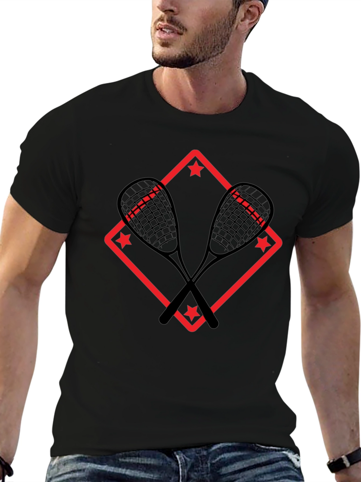 Squash Racket Graphic T-Shirt - Black