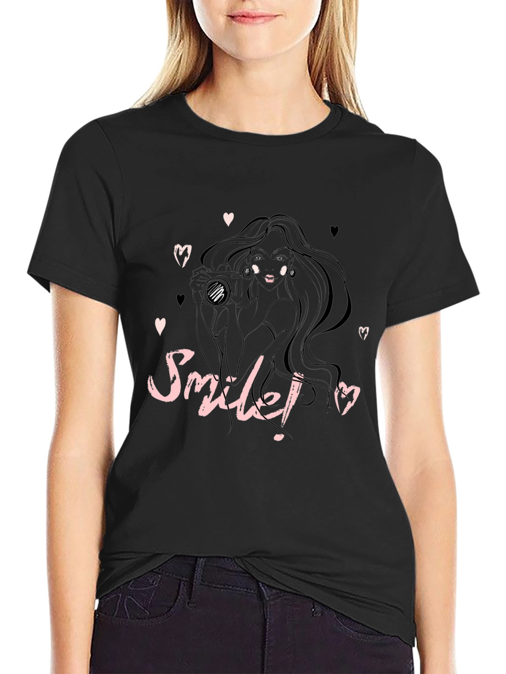 Smile! Camera Girl Black Graphic Tee