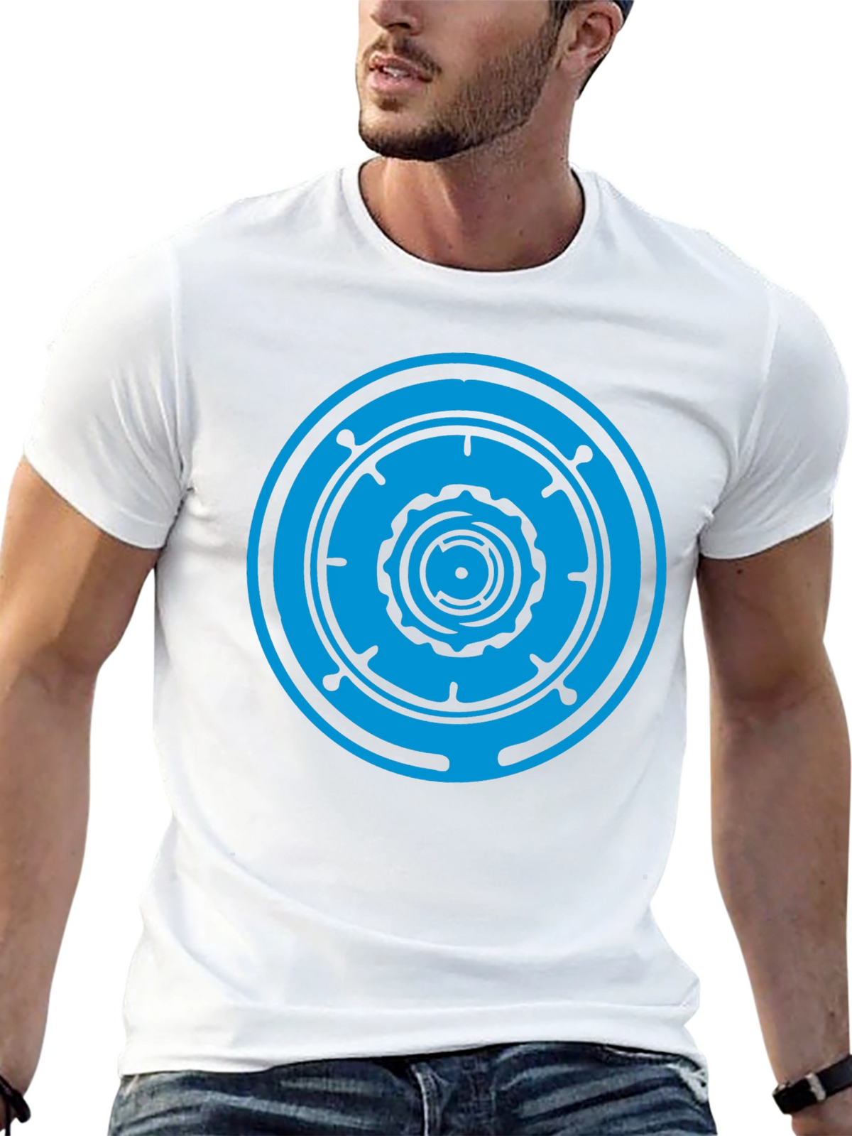Black T-Shirt with Blue Geometric Circle Design