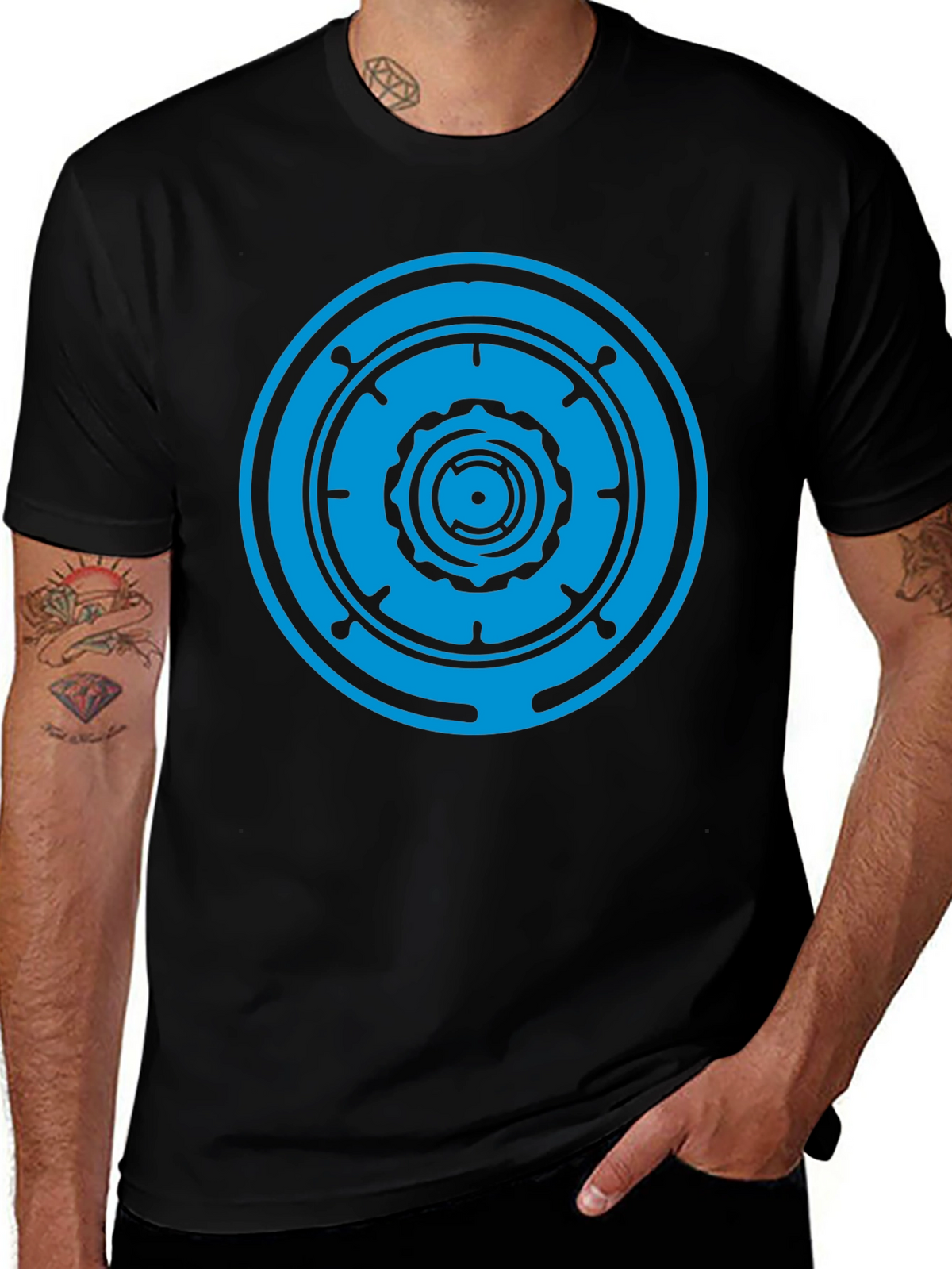 Black T-Shirt with Blue Geometric Circle Design