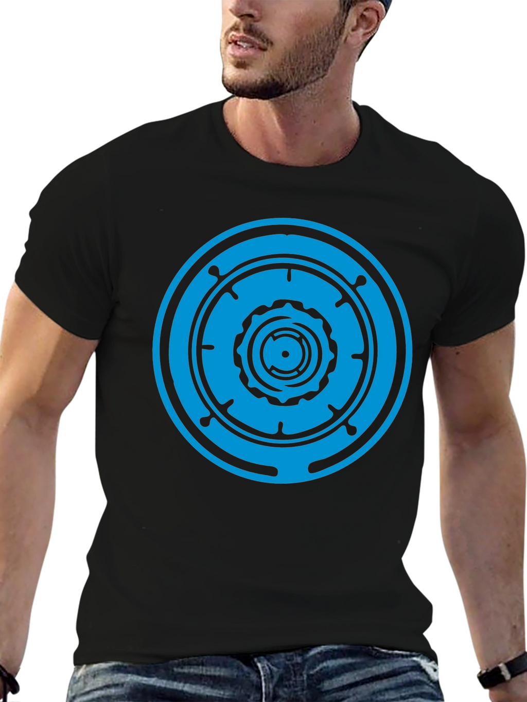 Black T-Shirt with Blue Geometric Circle Design