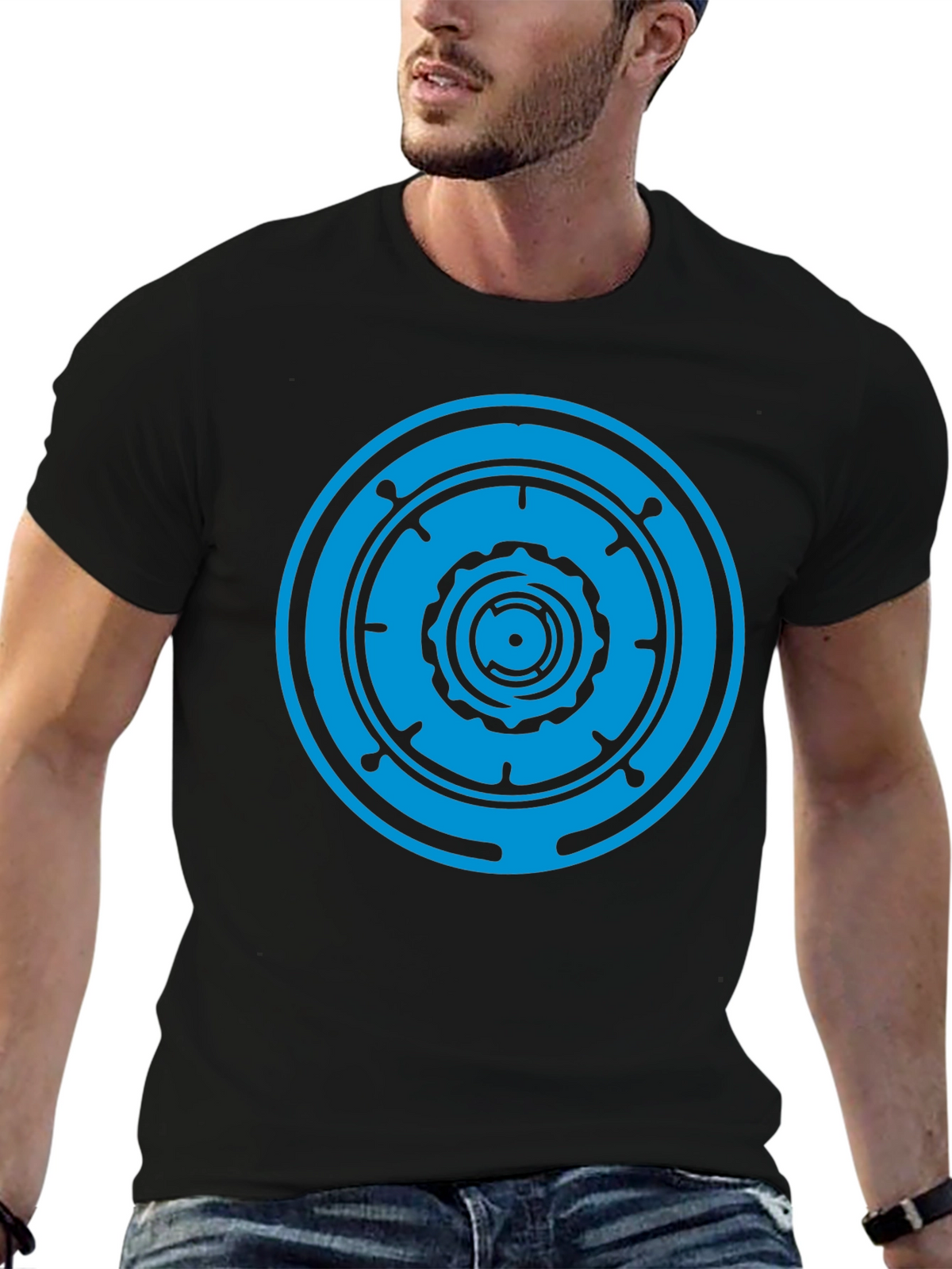 Black T-Shirt with Blue Geometric Circle Design