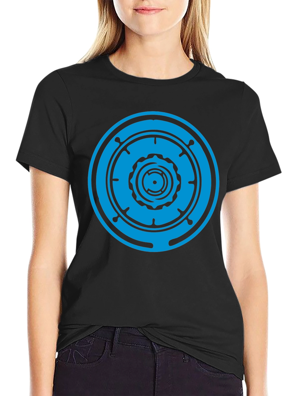 Black T-Shirt with Blue Geometric Circle Design