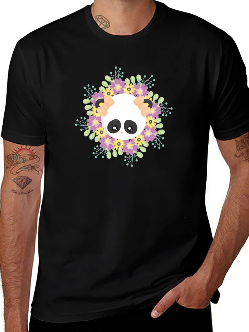 Panda Floral Wreath Graphic T-Shirt