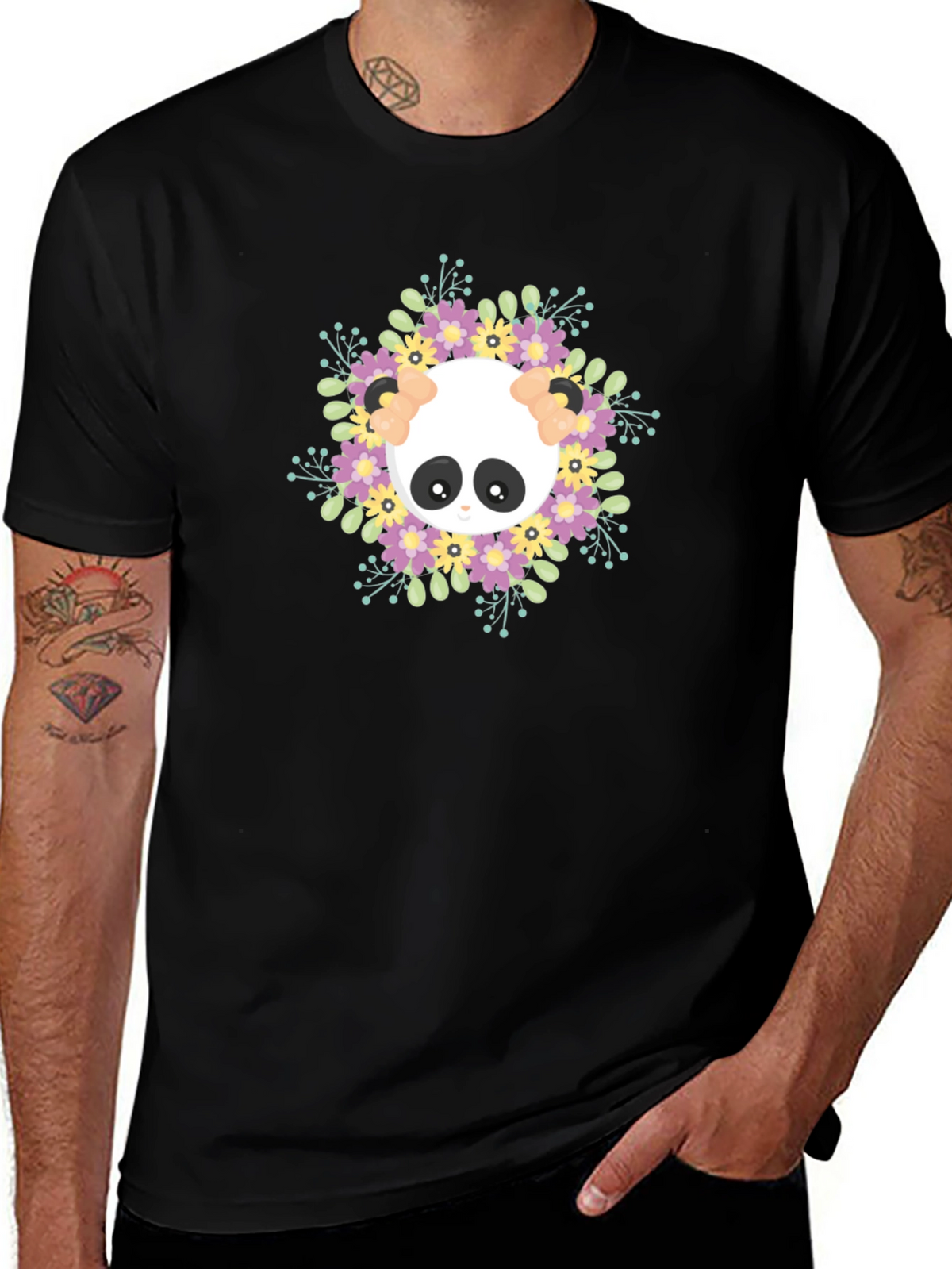 Panda Floral Wreath Graphic T-Shirt