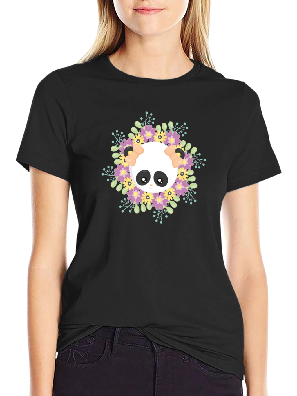 Panda Floral Wreath Graphic T-Shirt