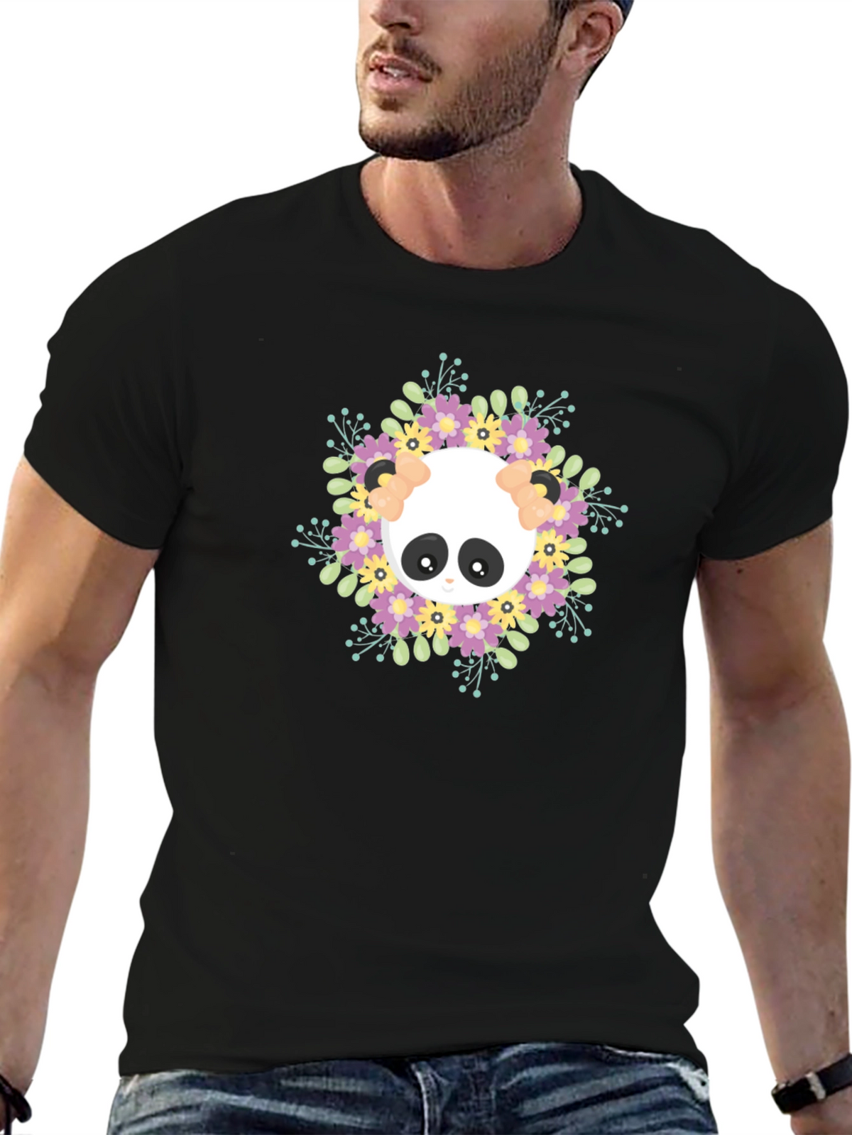 Panda Floral Wreath Graphic T-Shirt
