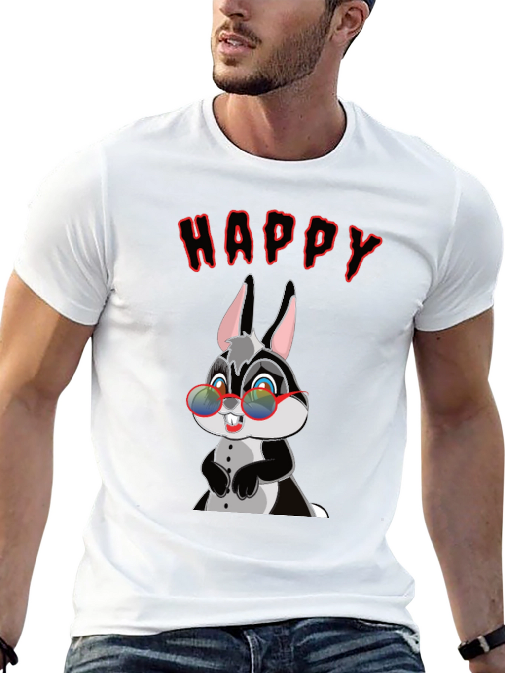Happy Rabbit Graphic Tee - Fun Black T-Shirt