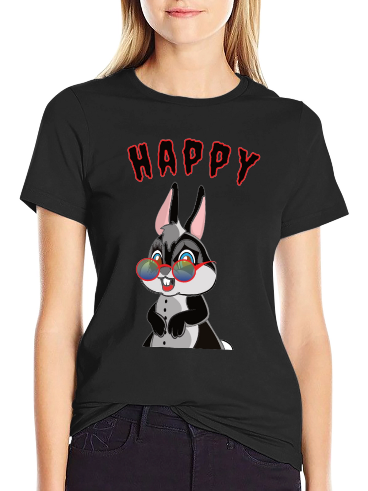Happy Rabbit Graphic Tee - Fun Black T-Shirt