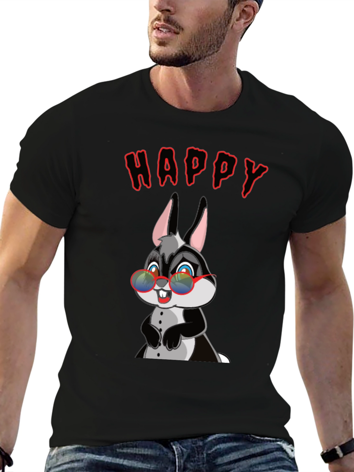 Happy Rabbit Graphic Tee - Fun Black T-Shirt
