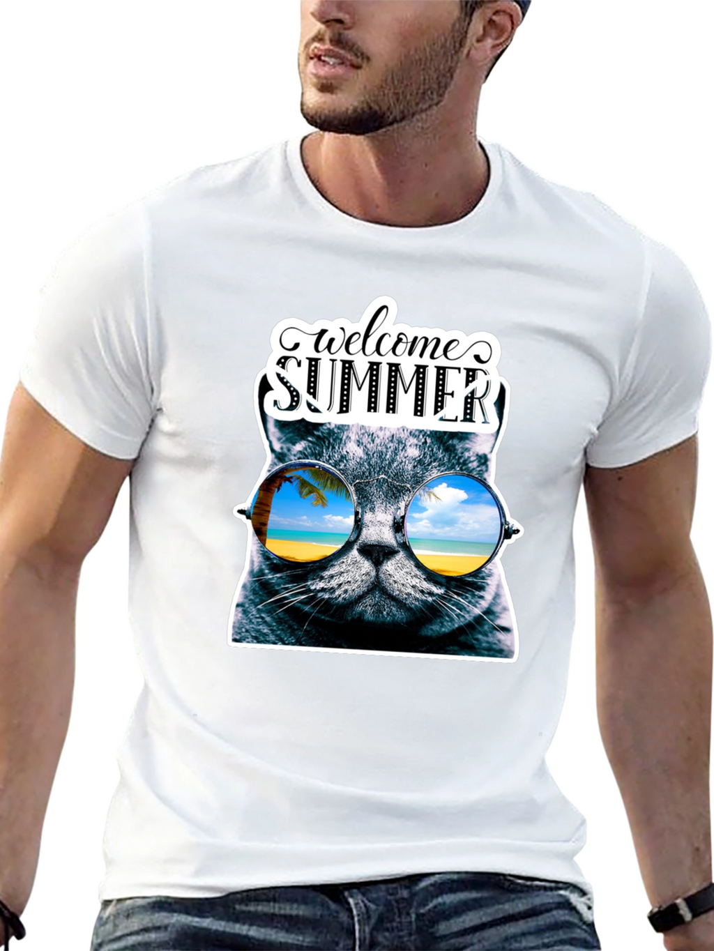 Welcome Summer Cat Graphic T-Shirt