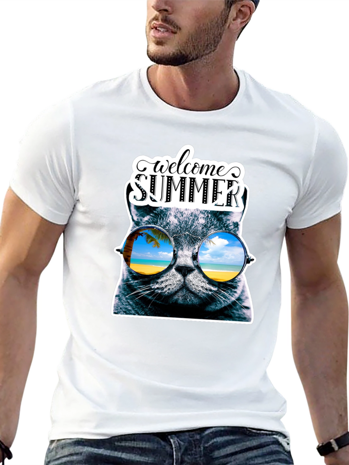 Welcome Summer Cat Graphic T-Shirt