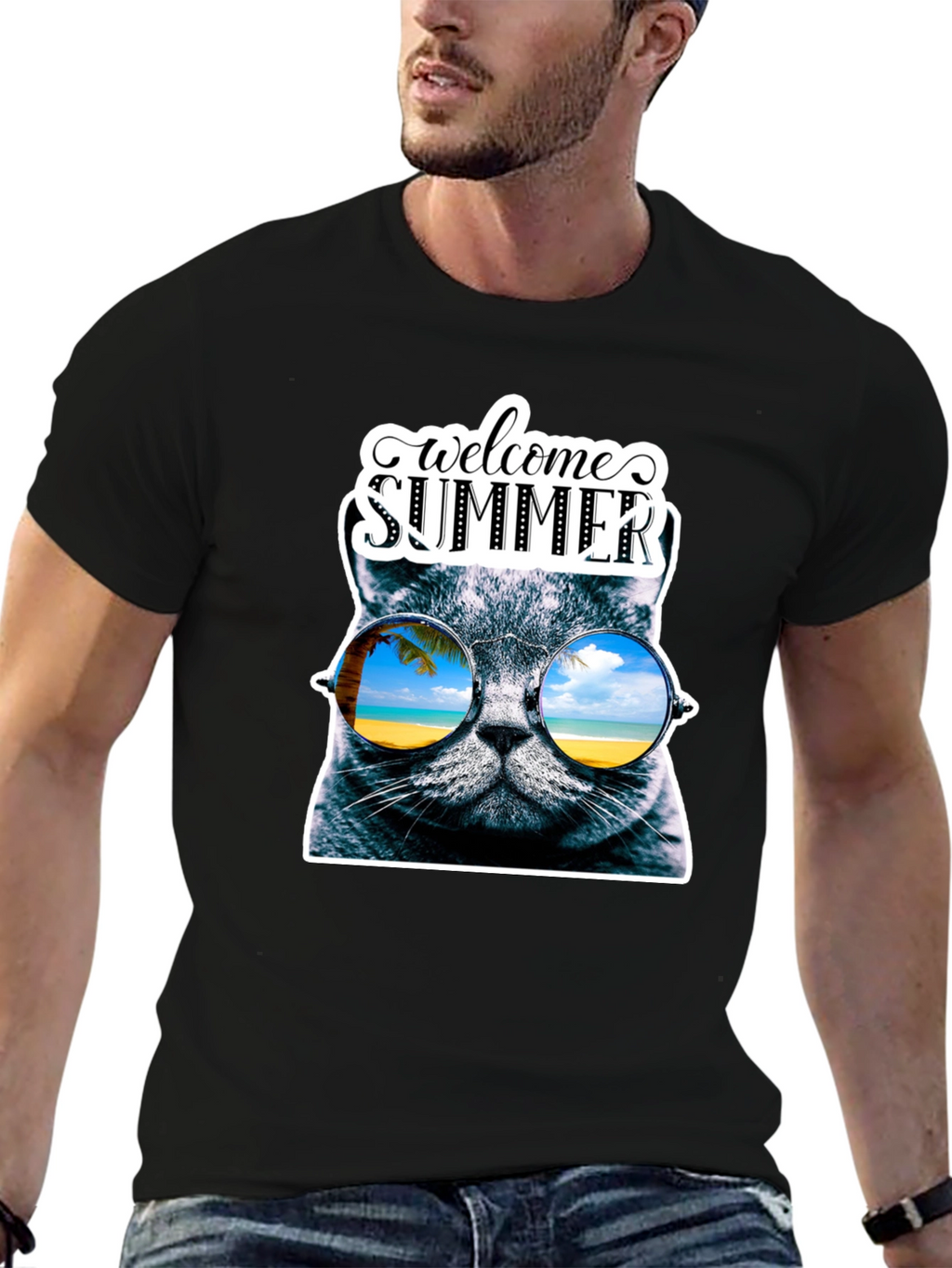 Welcome Summer Cat Graphic T-Shirt