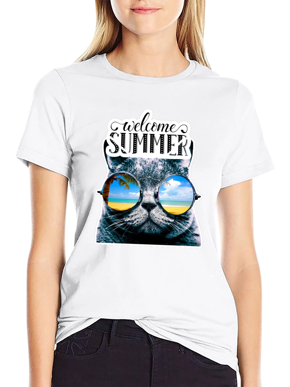 Welcome Summer Cat Graphic T-Shirt