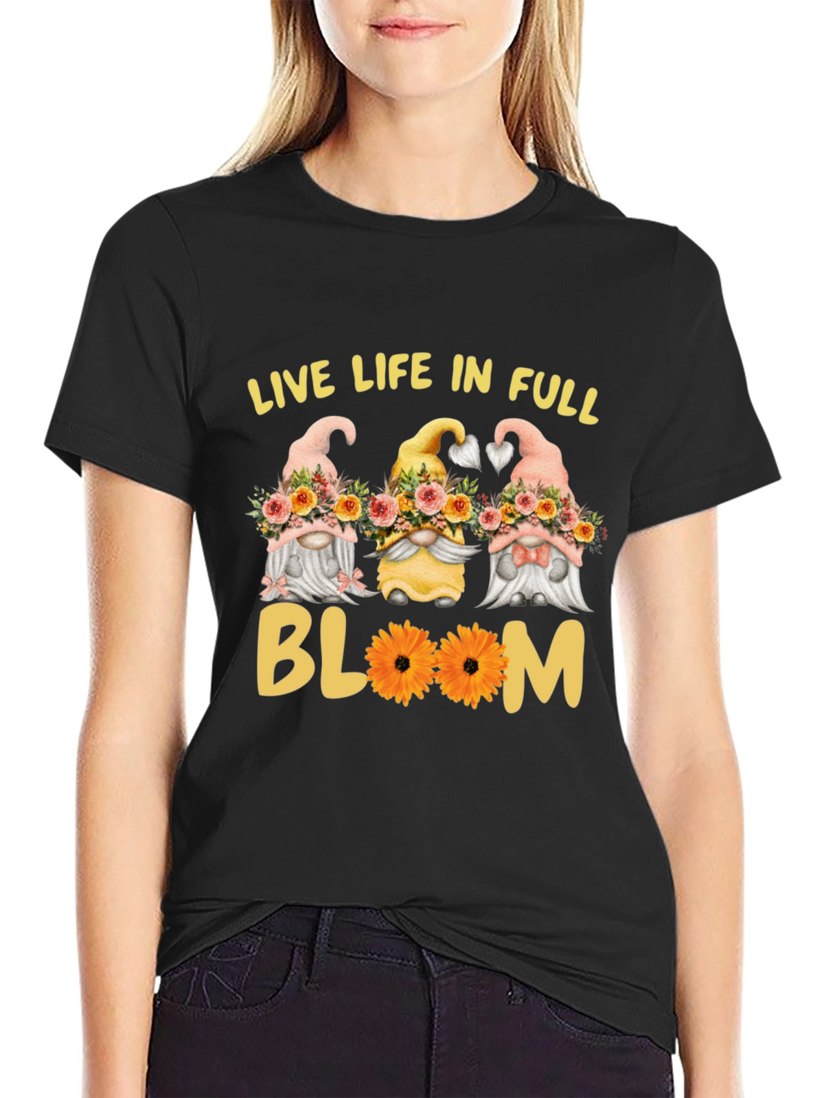 Live Life in Full Bloom Gnomes Graphic Tee