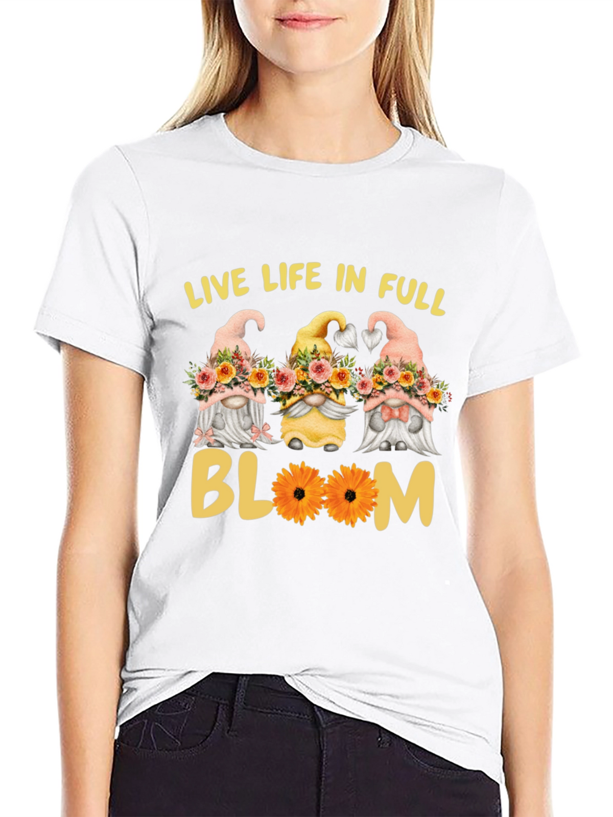 Live Life in Full Bloom Gnomes Graphic Tee