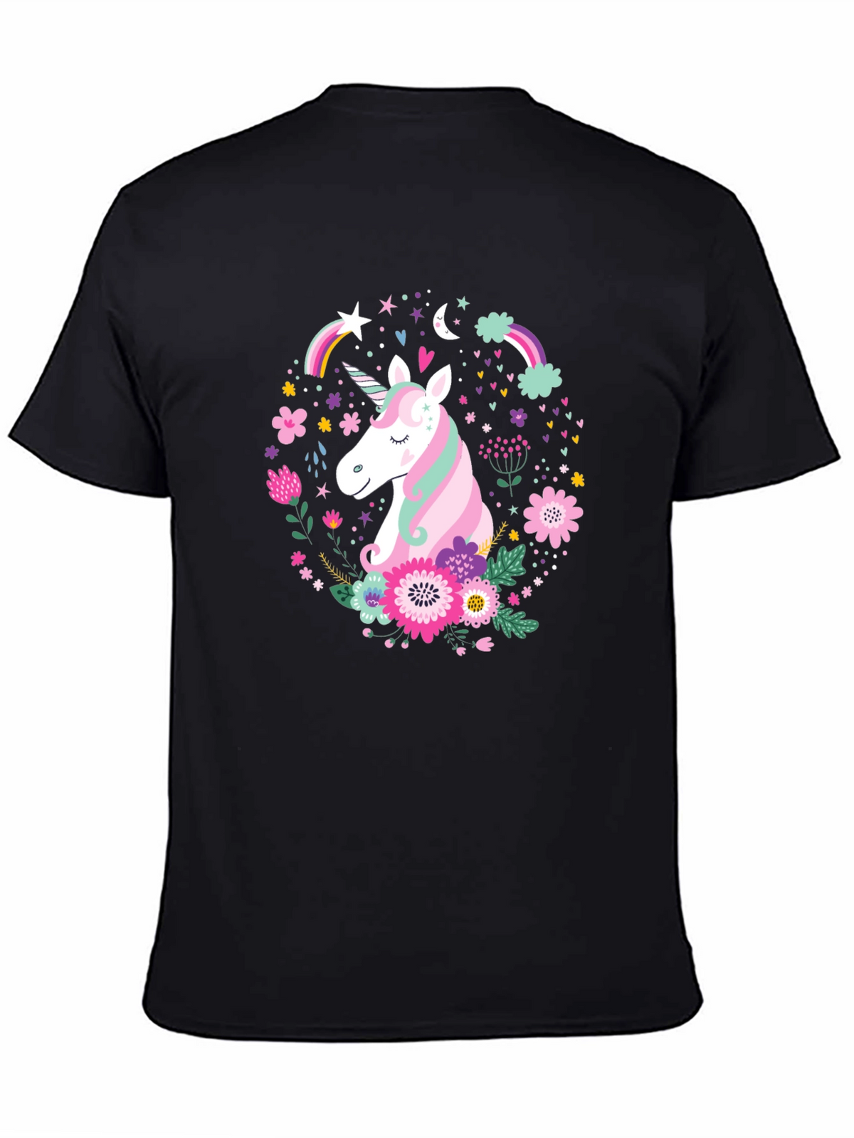 Unicorn Floral Graphic Black T-Shirt