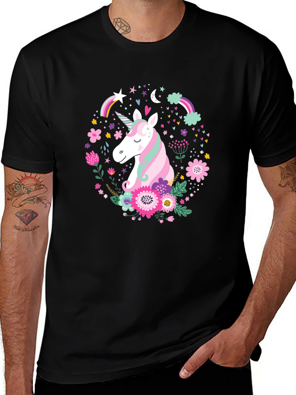 Unicorn Floral Graphic Black T-Shirt
