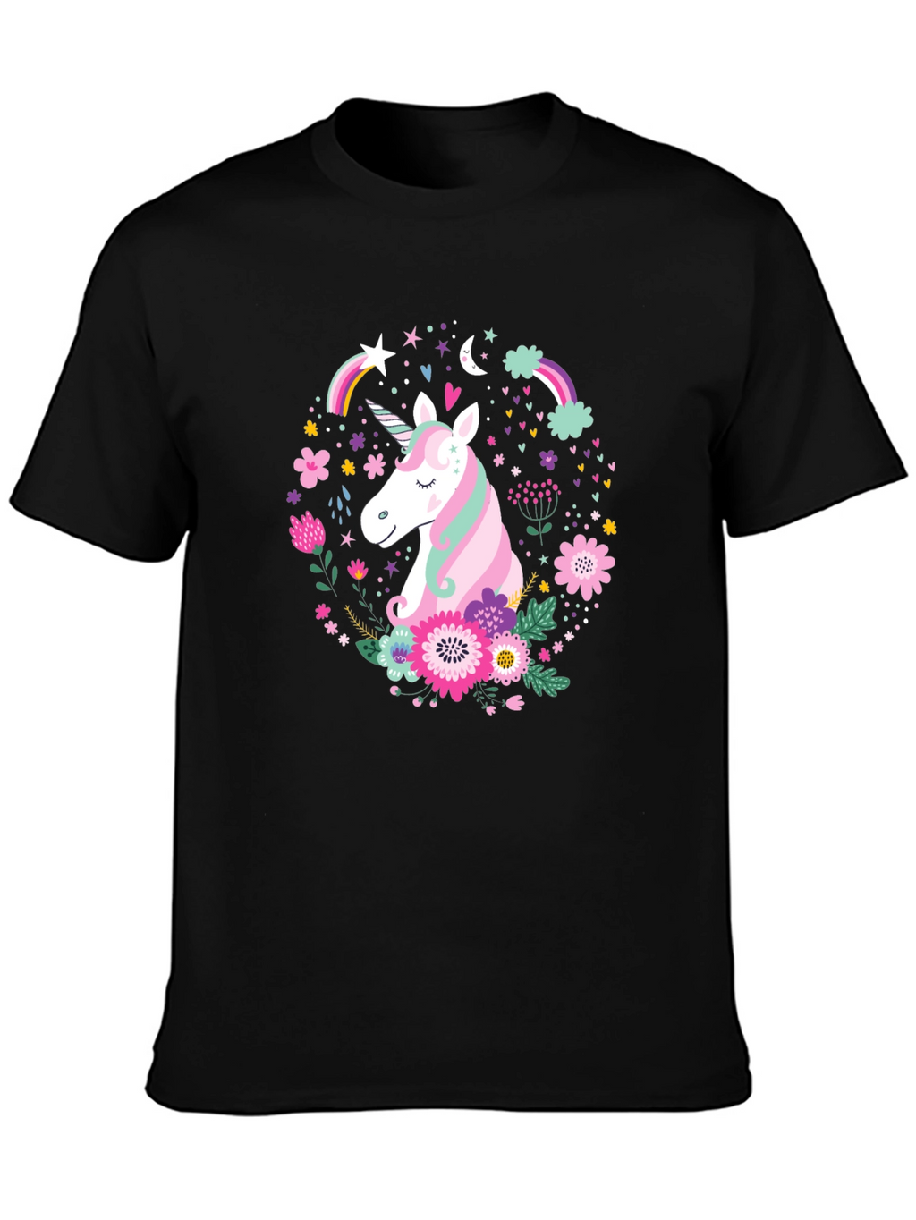 Unicorn Floral Graphic Black T-Shirt