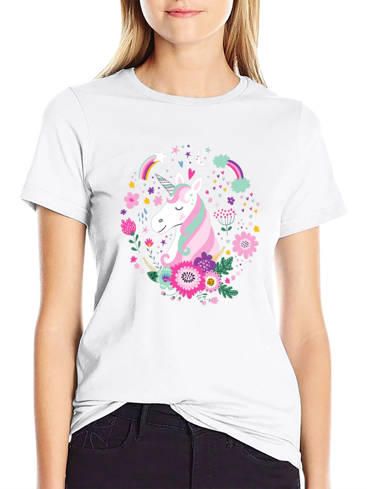 Unicorn Floral Graphic Black T-Shirt
