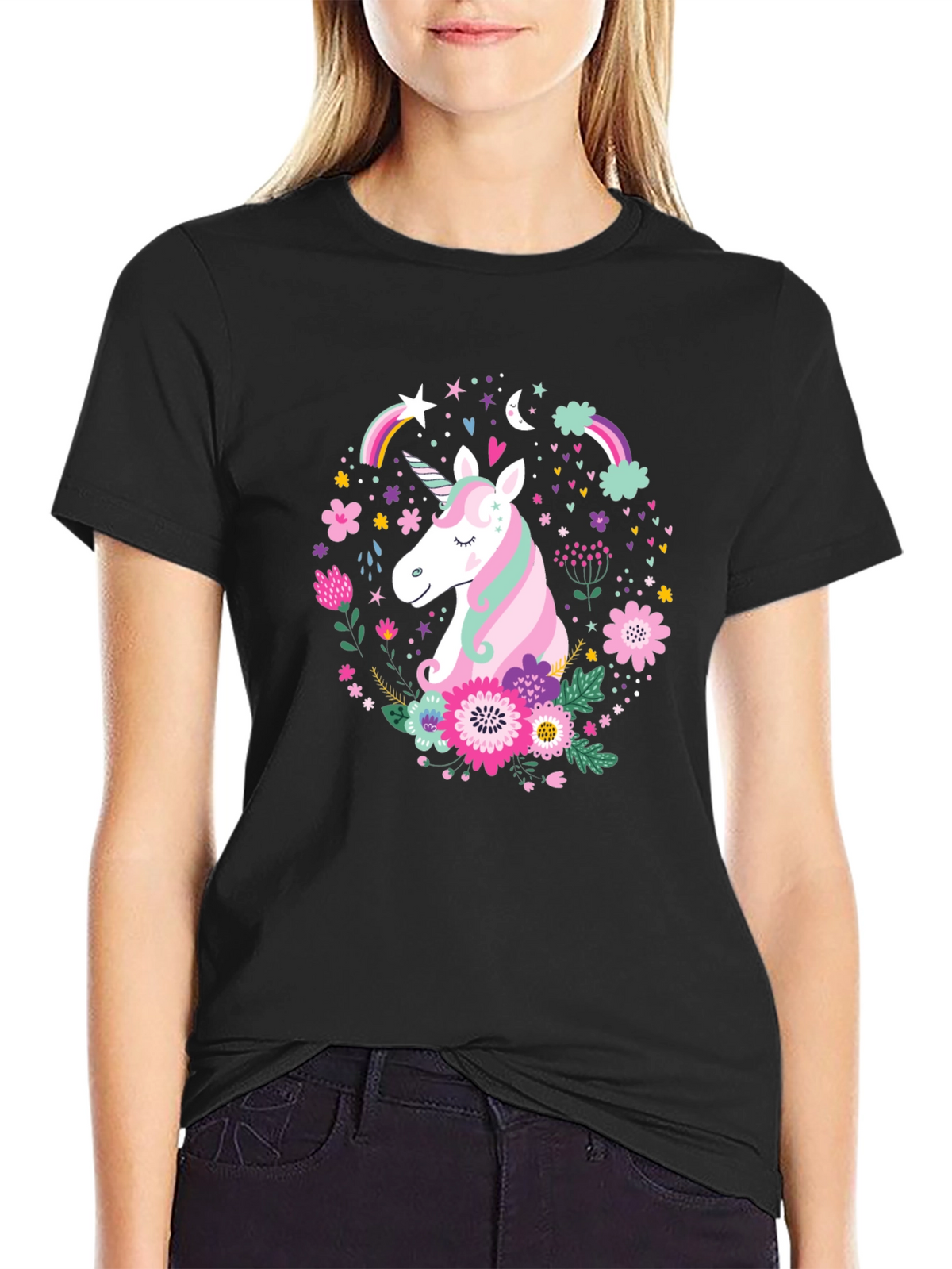 Unicorn Floral Graphic Black T-Shirt