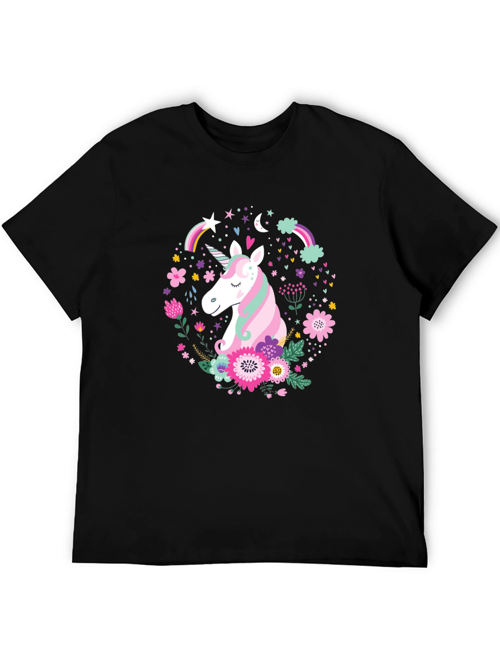Unicorn Floral Graphic Black T-Shirt