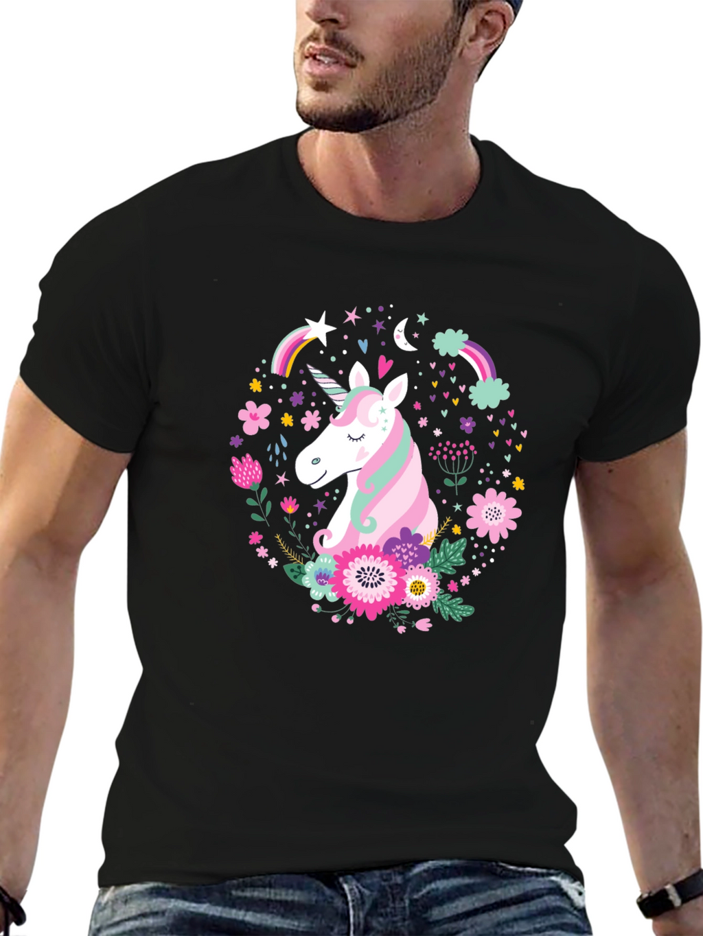 Unicorn Floral Graphic Black T-Shirt