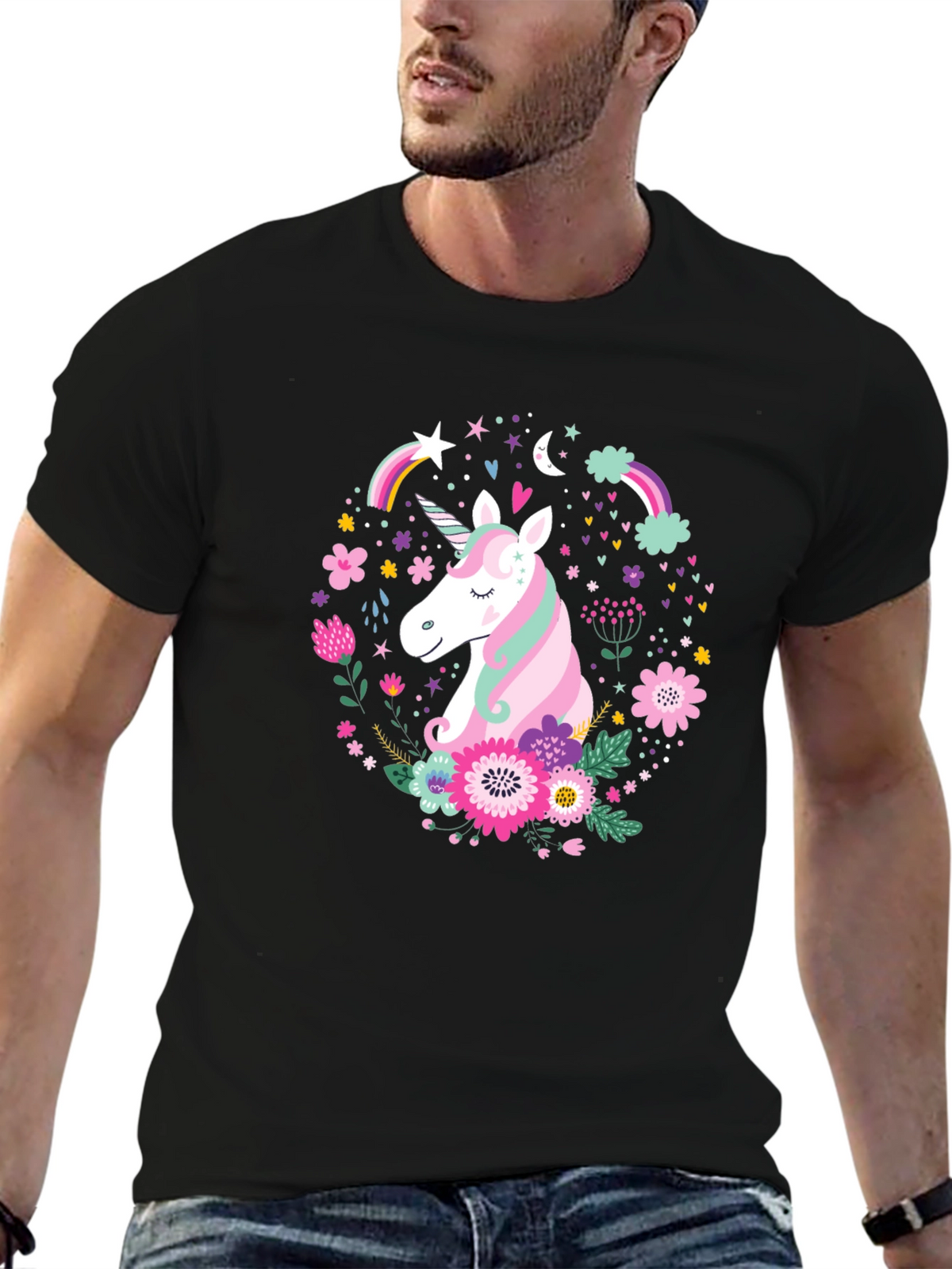 Unicorn Floral Graphic Black T-Shirt