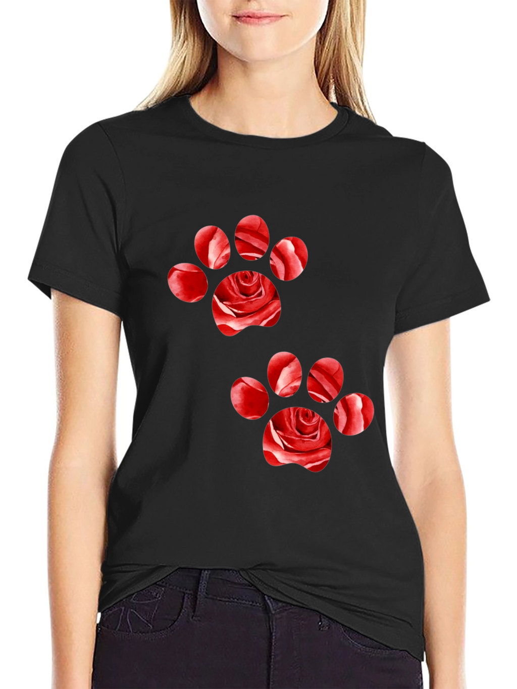 Rose Paw Print Black T-Shirt