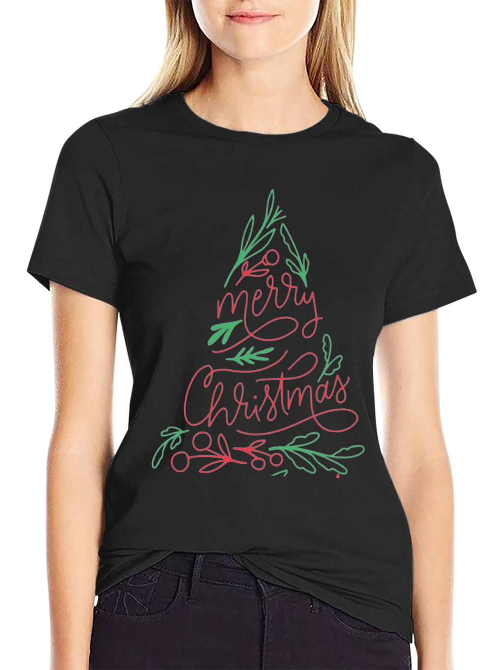 Merry Christmas Tree Graphic Tee - Black