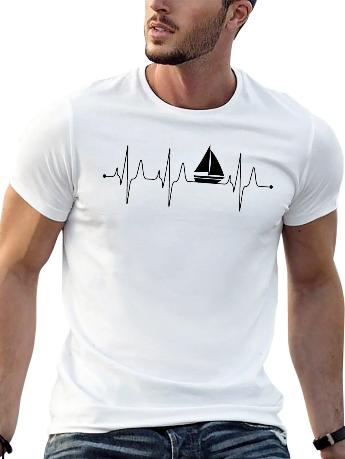 Sailboat Heartbeat Mens Black T-Shirt