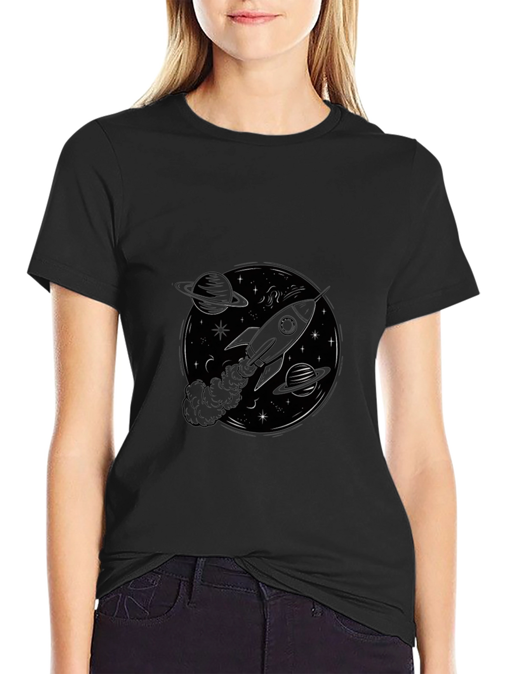 Rocket in Space Black T-Shirt