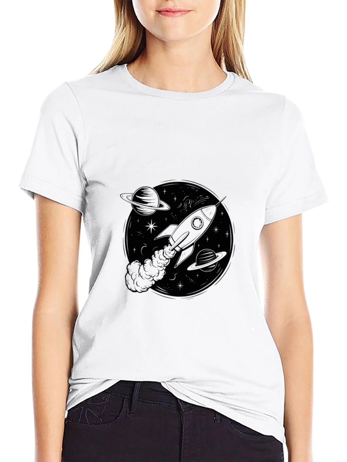 Rocket in Space Black T-Shirt