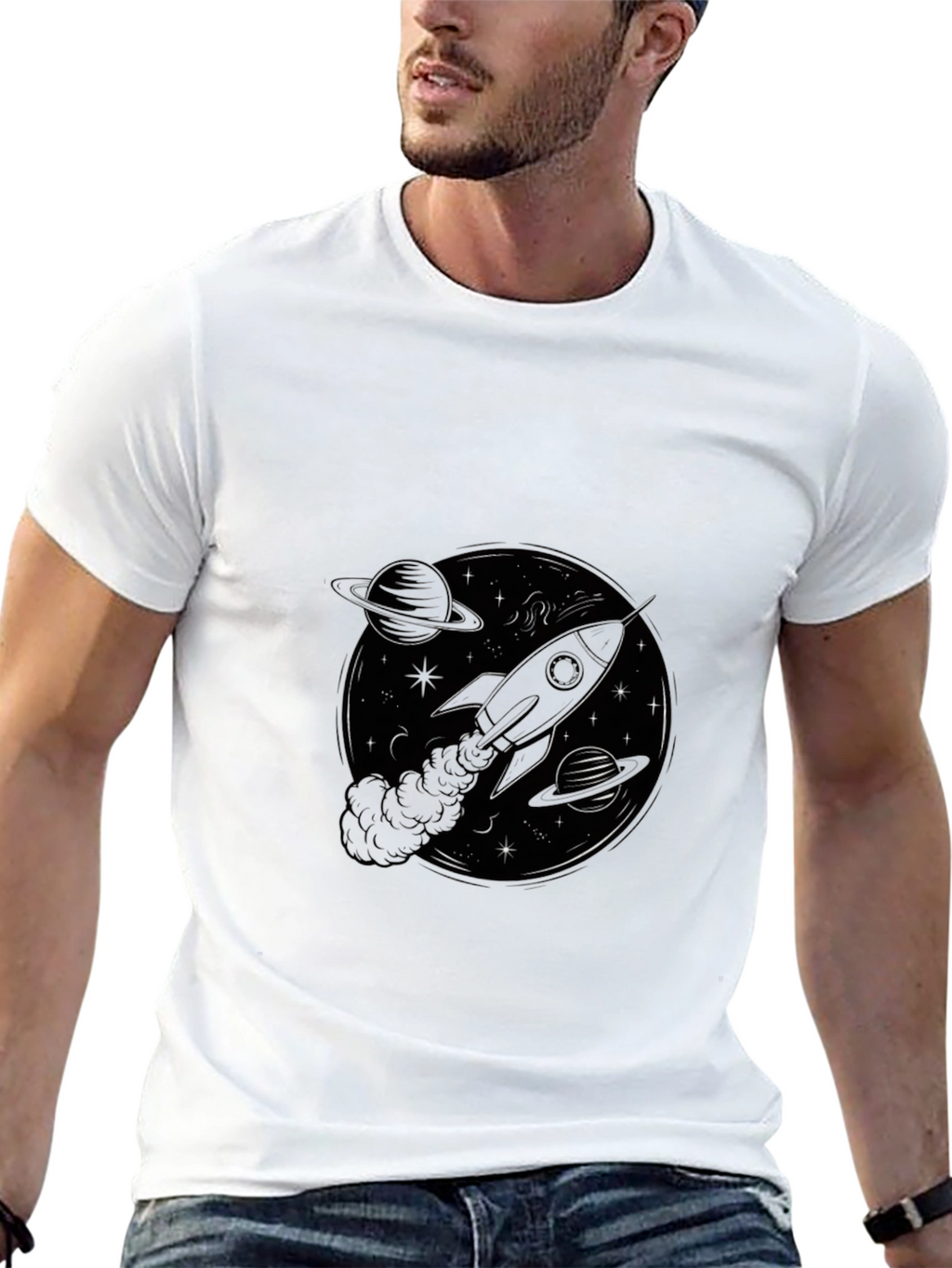 Rocket in Space Black T-Shirt