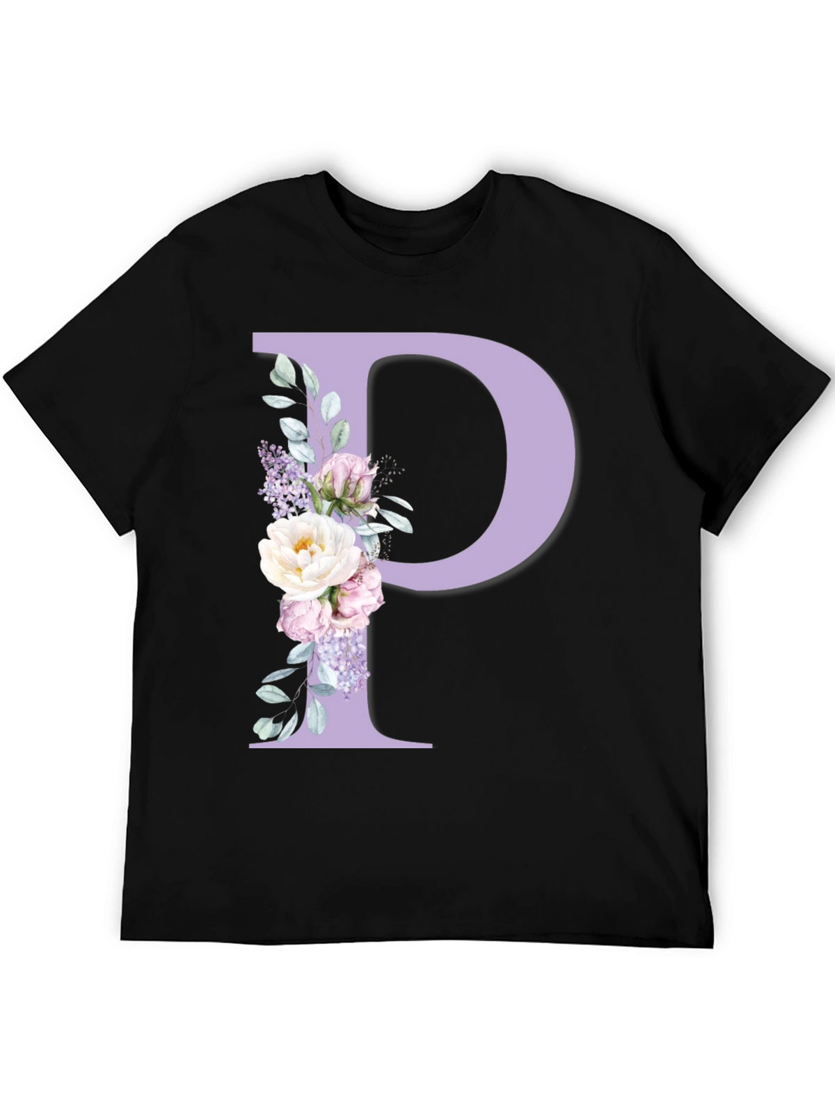 Floral Letter P Black T-Shirt