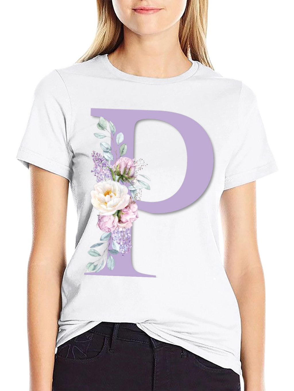 Floral Letter P Black T-Shirt